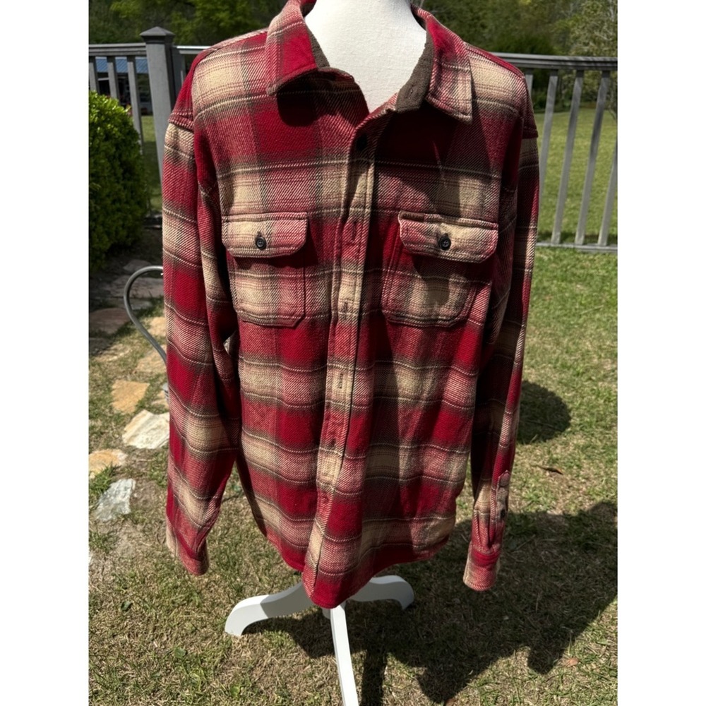Orvis Fleece Lined Plaid Flannel Shirt Jacket XL Red Brown 100% Cotton